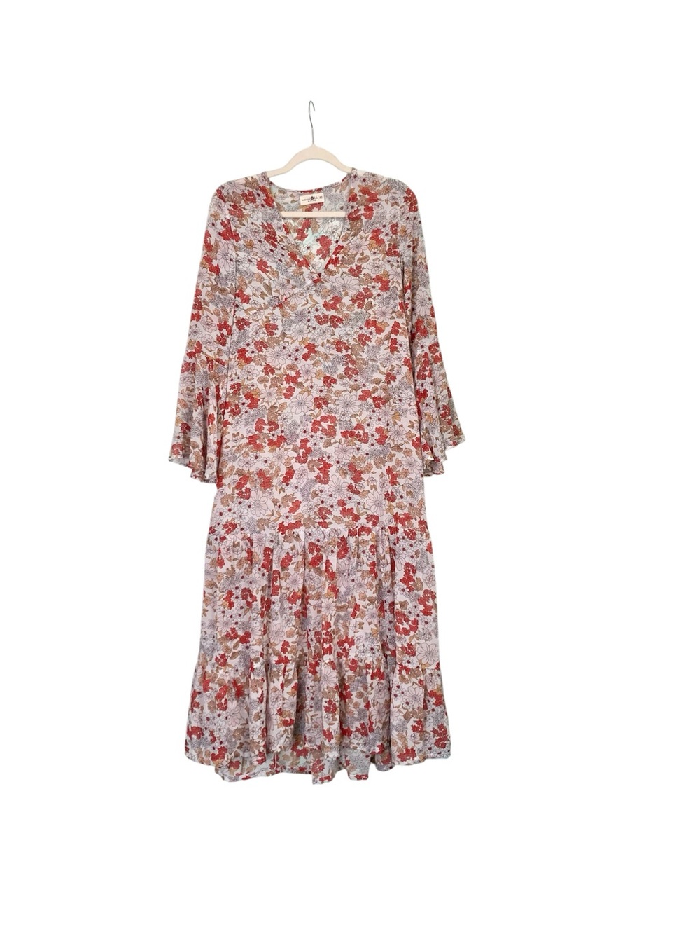 Natural Life Sheer Multi Flora V Neck Tiered Bell Sleeve Maxi Dress XS